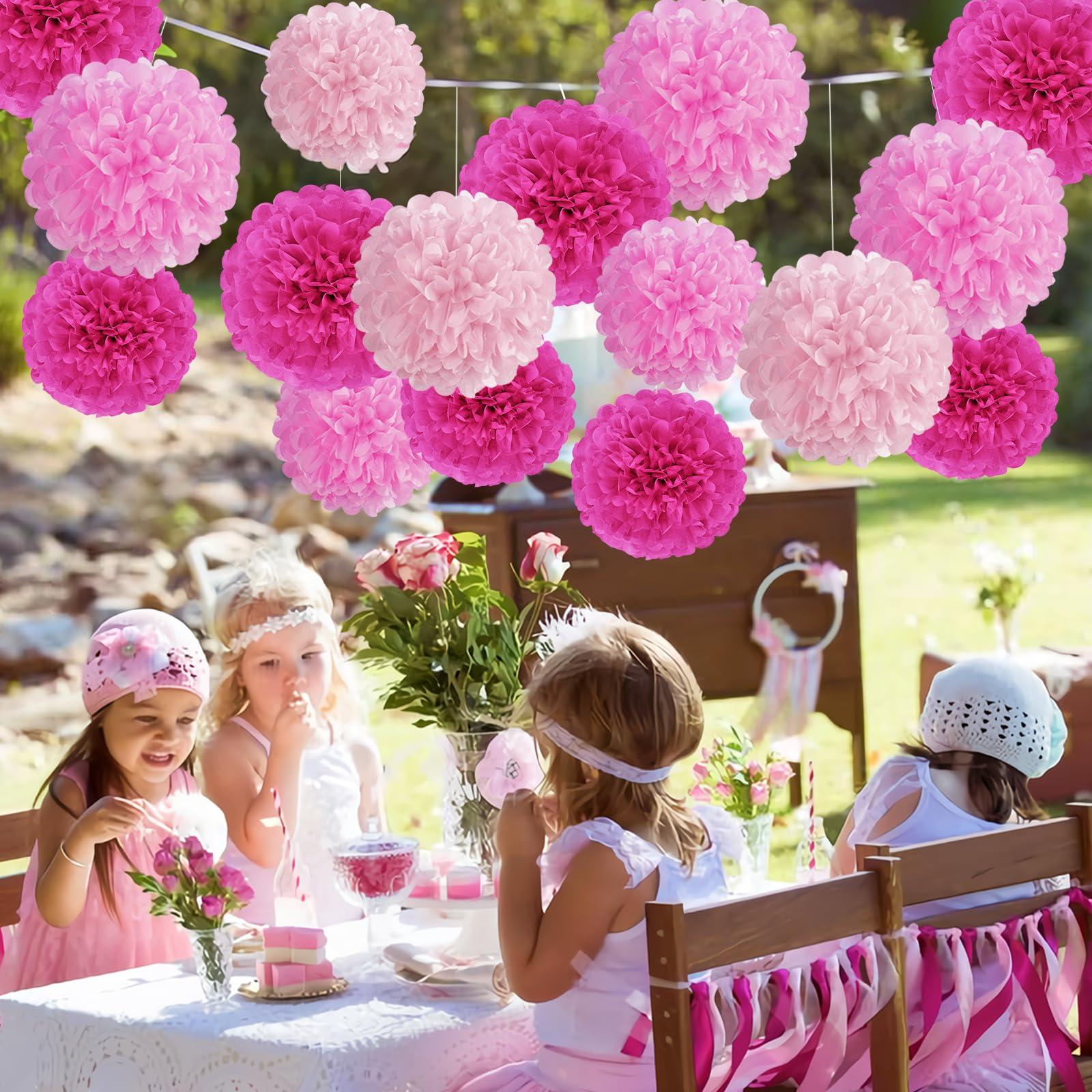 Hot Pink Tissue Pom Poms Paper Flowers Hanging Decorations Pink Flower Ball for Baby Shower Wedding Nursery Birthday Party Backdrop Home Outdoor