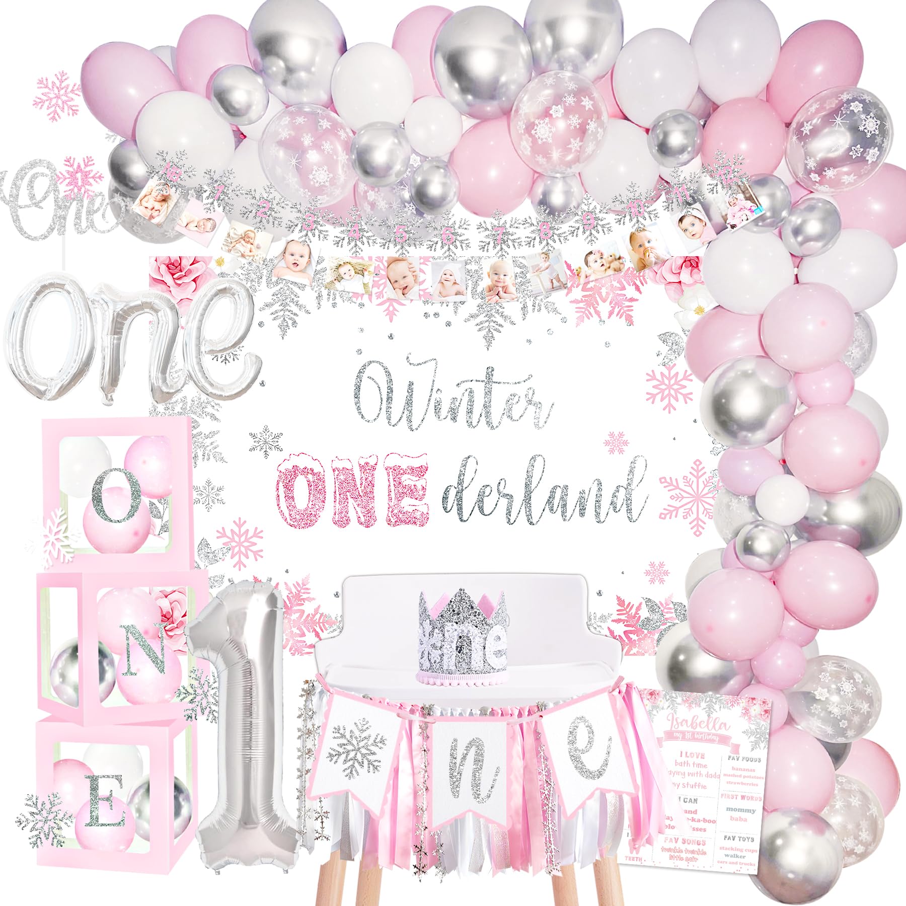 Winter Onederland Birthday Decorations, Winter Onederland 1st Birthday Decorations for Girl, Winter Onederland First Birthday Decor, Snowflake Photo Banner Highchair Banner Balloon Garland Balloon Box