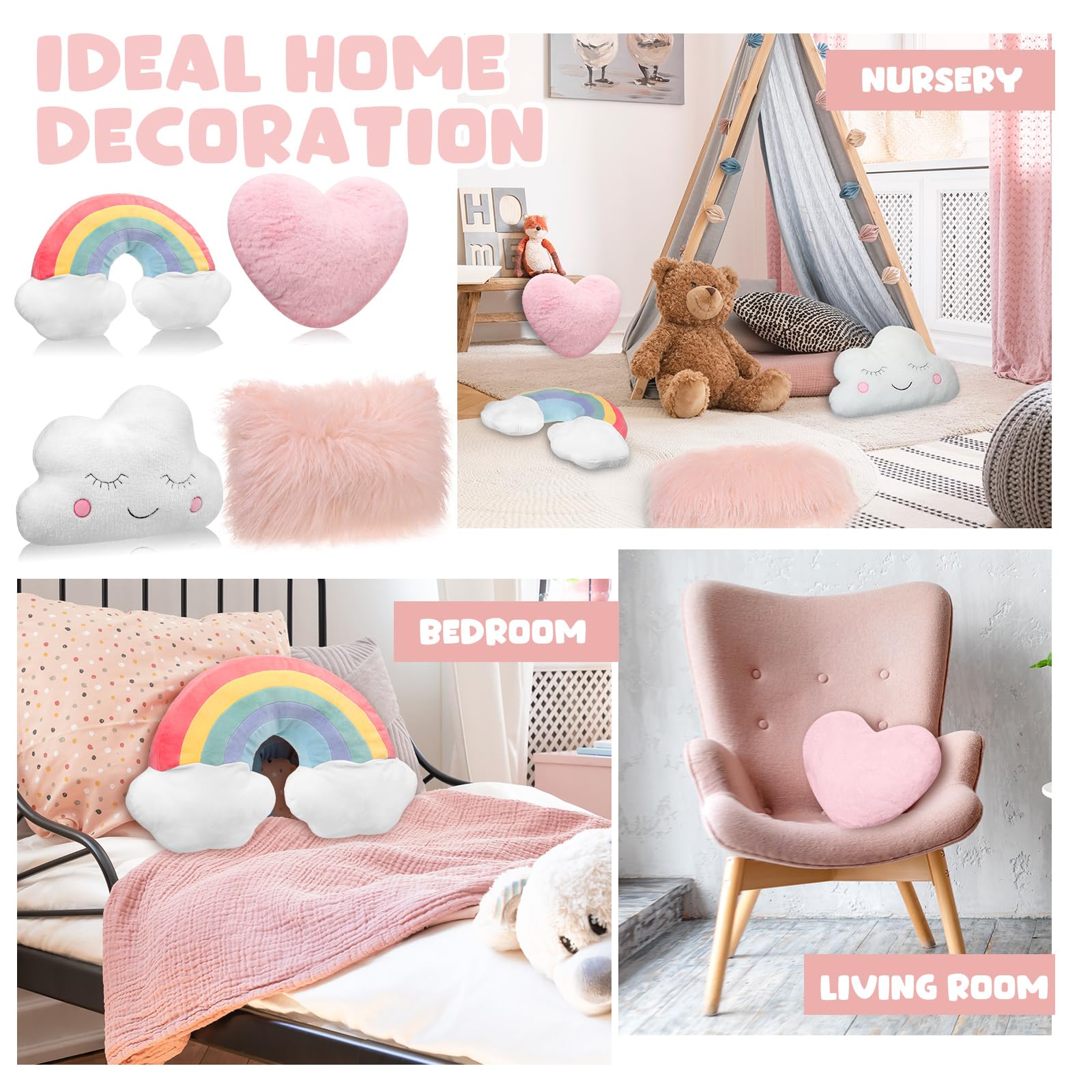 Geetery Set of 4 Decorative Throw Pillow for Girl Heart Cloud Rainbow Pillow Fluffy Plush Soft Stuffed Pillows for Living Room Bedroom Playroom Bed Sofa Chair Floor Decors