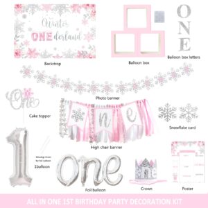 Winter Onederland Birthday Decorations, Winter Onederland 1st Birthday Decorations for Girl, Winter Onederland First Birthday Decor, Snowflake Photo Banner Highchair Banner Balloon Garland Balloon Box