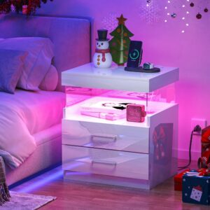 dmidyll high glossy led nightstand, white night stand with charging station and led lights, wood night stand with drawers & open shelf, smart nightstand for bedroom