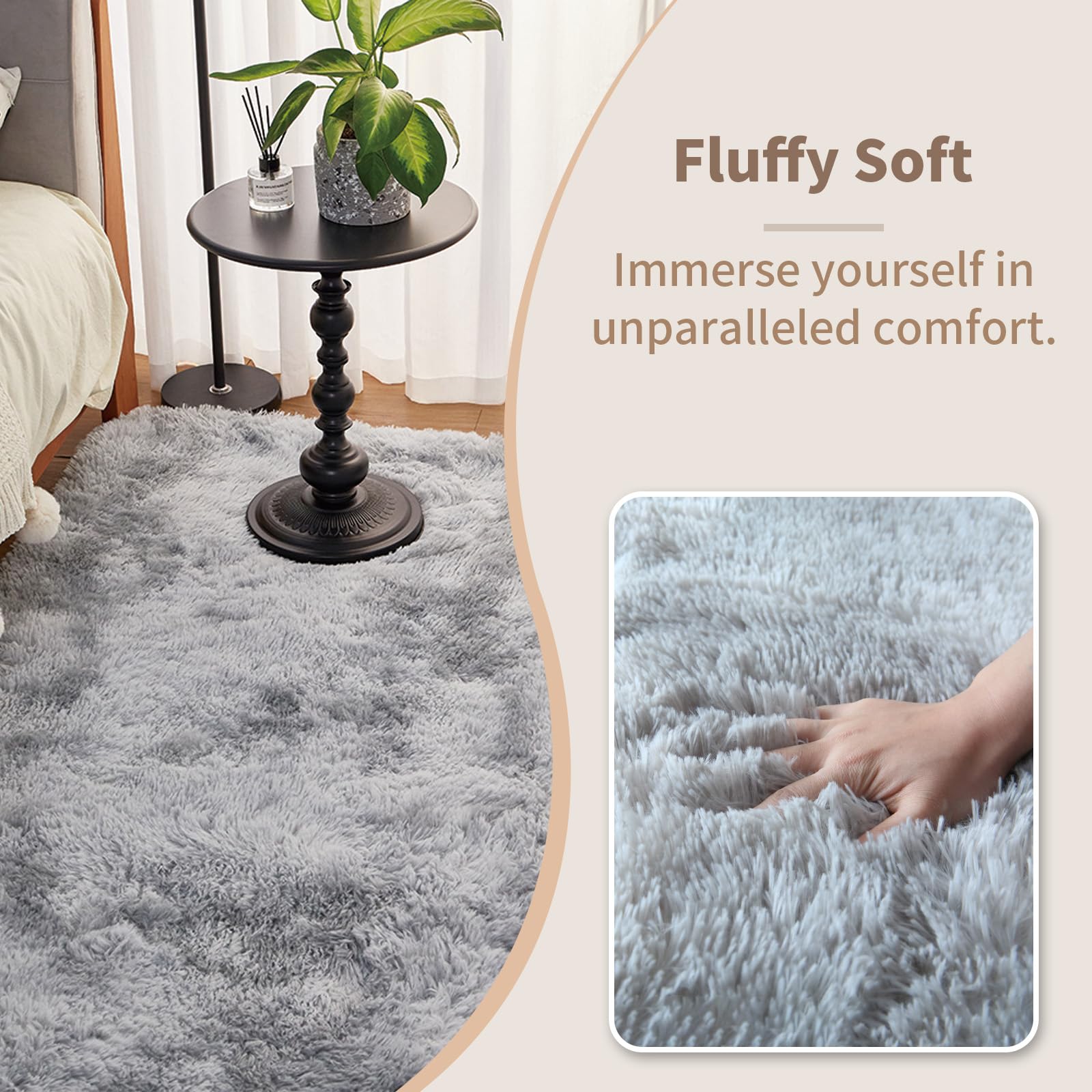 HOUSERAN Shag Area Rug 6’x6' Tie Dyed Grey, Plush Fluffy Fur Rug for Living Room, Square Carpet for Bedroom, Soft Shaggy Rug for Living Room Dorm Nursery