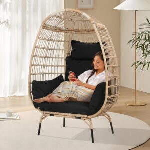 dkelincs wicker egg chair indoor outdoor lounge chair patio reading chair oversized rattan egg chair for patio, backyard, garden, living room w/ 4 cushions steel frame, 352lb capacity(black)