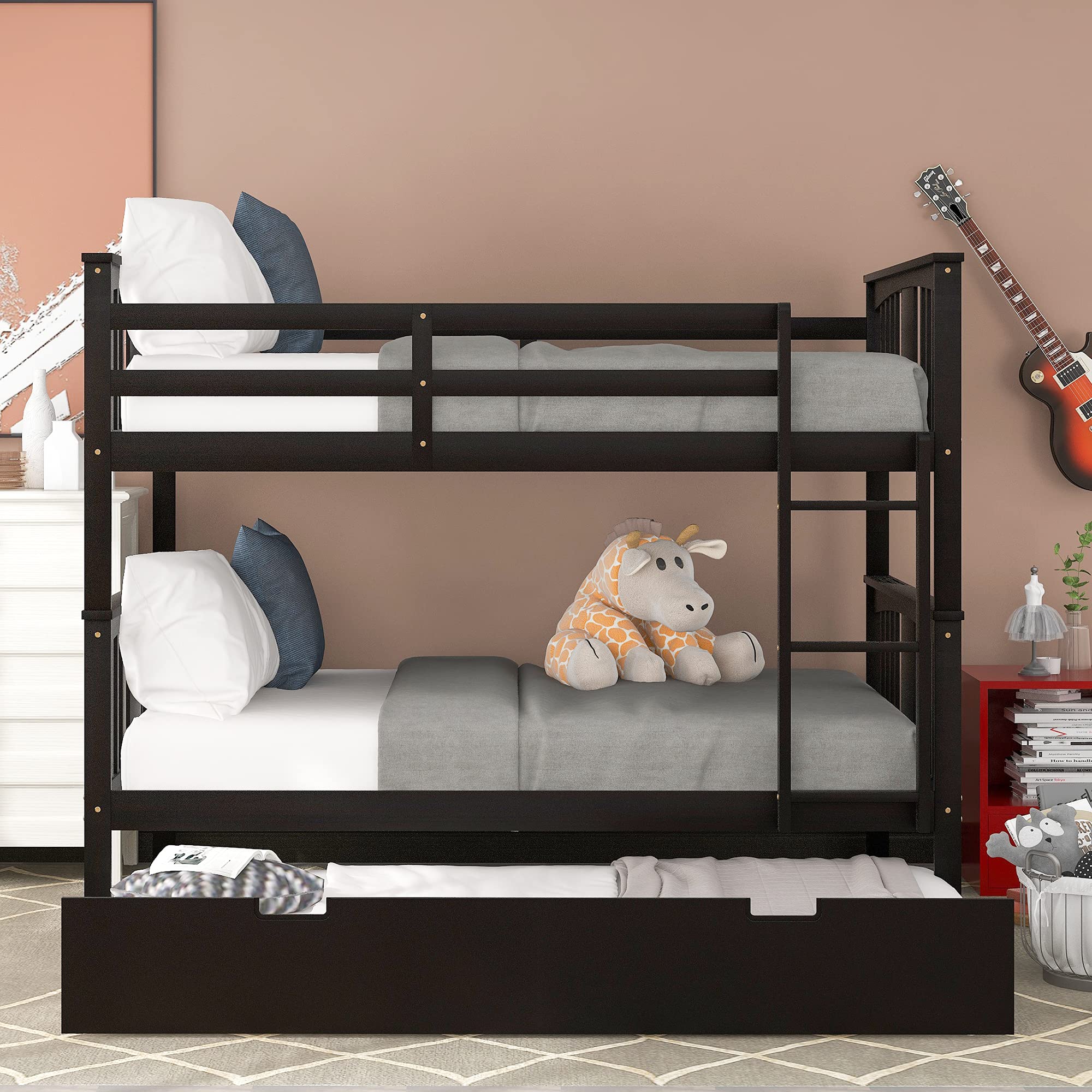 MERITLINE Bunk Bed Full Over Full Size, Wooden Full Bunk Beds with Twin Size Trundle and Ladder, Space Saving Design Bedroom Furniture (Espresso)