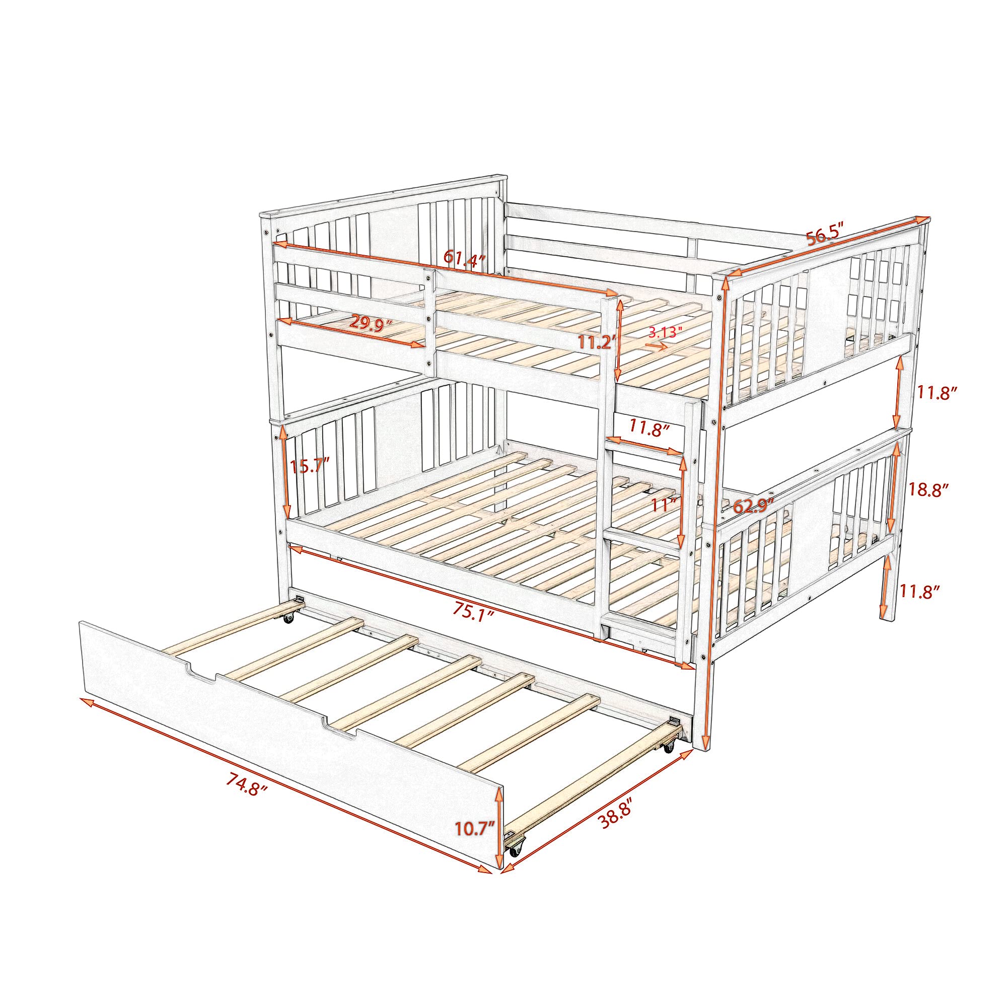 MERITLINE Bunk Bed Full Over Full Size, Wooden Full Bunk Beds with Twin Size Trundle and Ladder, Space Saving Design Bedroom Furniture (Espresso)