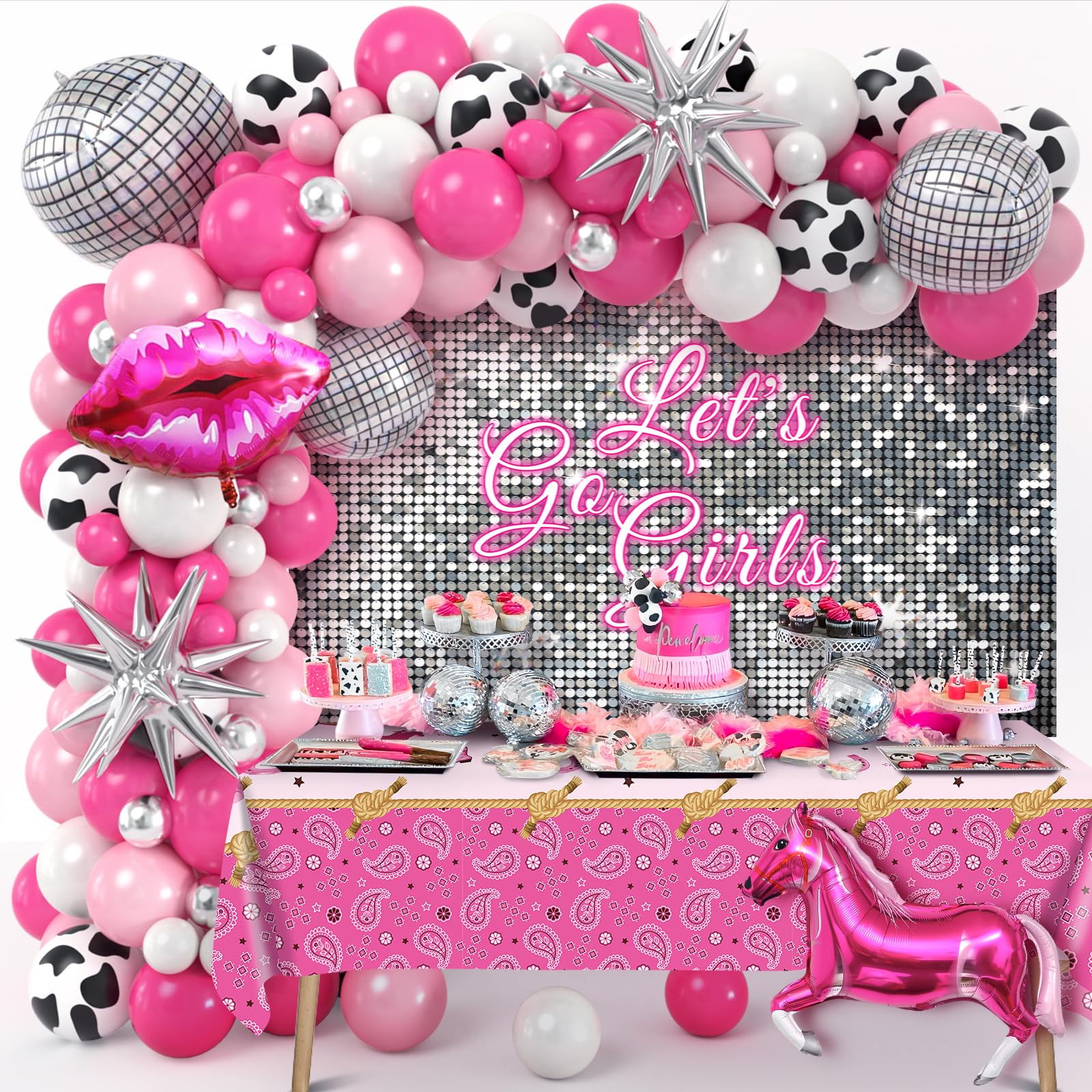 KELENO 110 Disco Cowgirl Party Decorations Birthday Supplies Pink Balloons Garland Arch Kit Horse Disco Ball Kiss Foil Balloons Sequin Backdrop Tablecloth Girl Western Bachelorette Bridal Party Decor