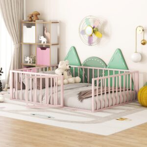 Merax Full Size Metal Floor Bed Frame with Safety Guardrails Fence and Door for Boys,Girls,Teens,Pink