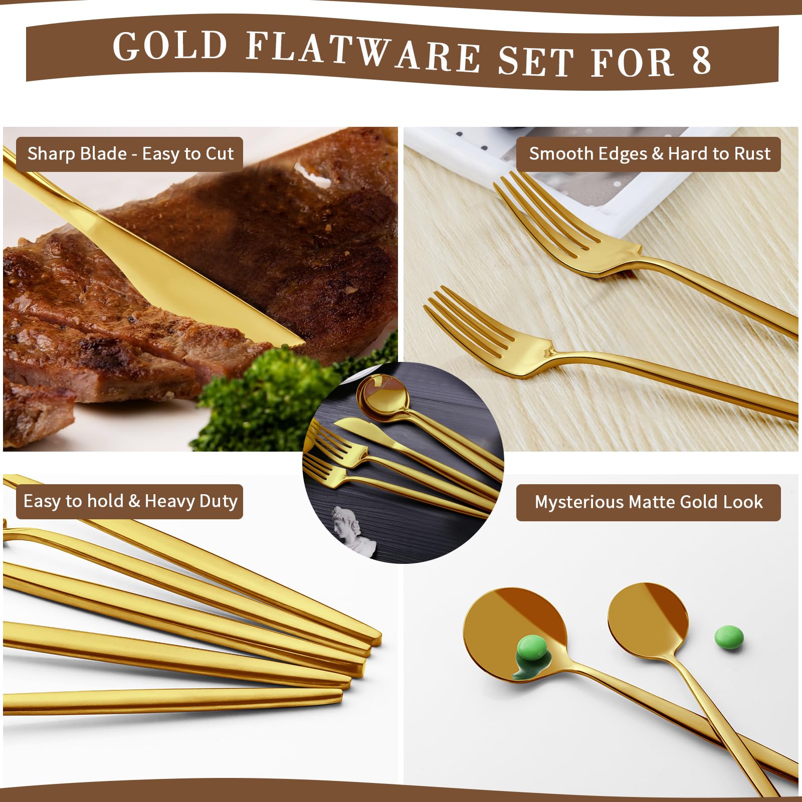 40-Piece Gold Silverware Set for 8, CEKEE Stainless Steel Gold Flatware Set, Cutlery Set Kitchen Utensils Set, Tableware Include Forks Knives Spoons for Home Restaurant Wedding, Satin Finish