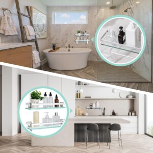 Suzile 2-Pcs Contemporary Bathroom Shelf, 15.7 x 4.72 inches, Floating Shelves with Towel Bar, Tempered Glass, Wall Mount, Set of 2