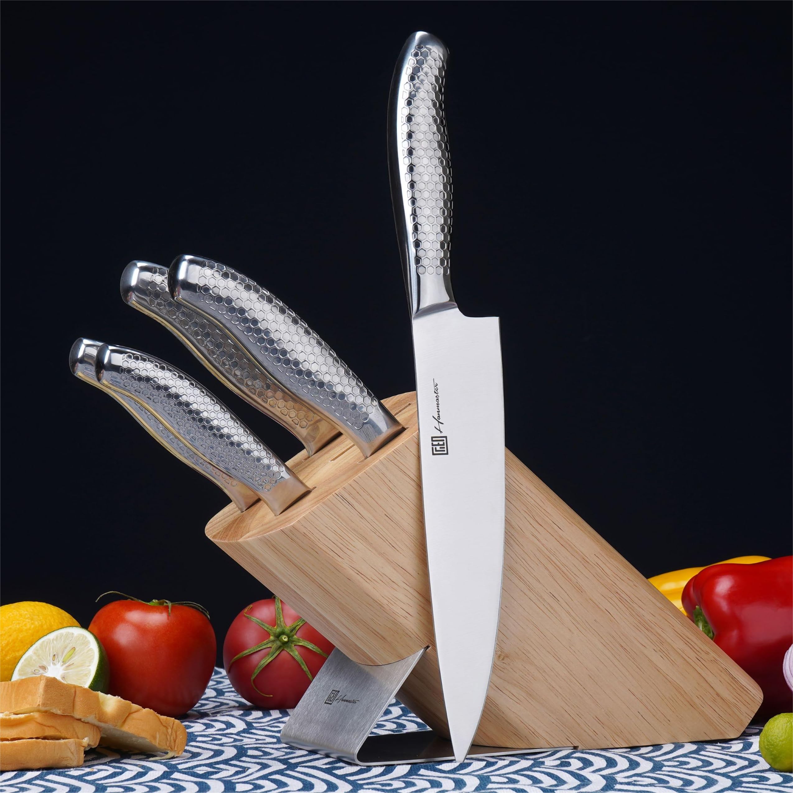 Hanmaster Kitchen Knife Set, One-piece Stainless Steel Knife Sets for Kitchen with Block, 6 Pieces Solid Natural Wood Knife Block Set, Box Packed, Silver.