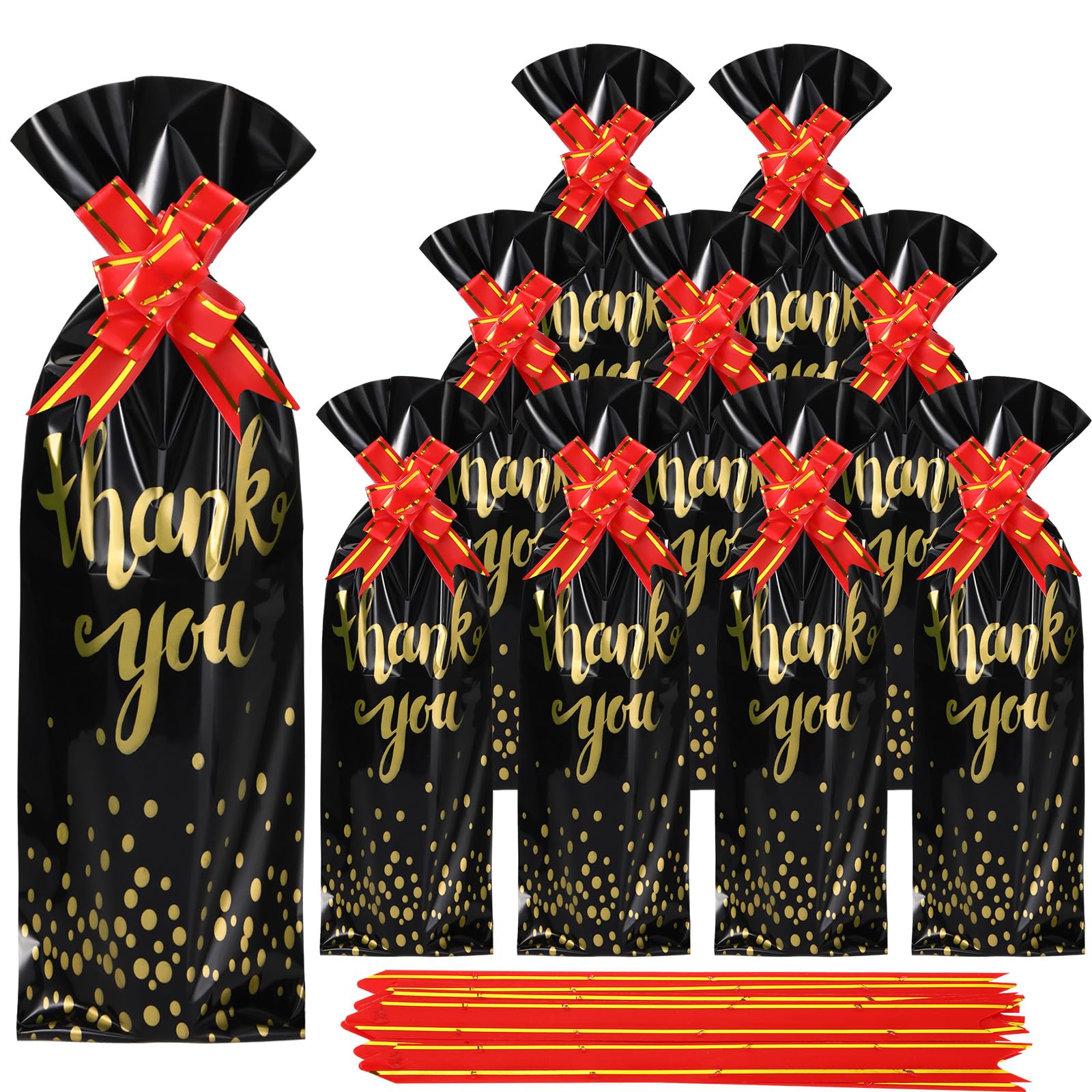 Teling 100 Pcs Wine Gift Bags for Wine Bottles Thank You Wine Bags Cellophane Gift Bag Set Gold Foil Red Wine Bottle Covers 50 Pcs Wine Wrapping Bags and 50 Pcs Pull Bows for Holiday Birthday Party