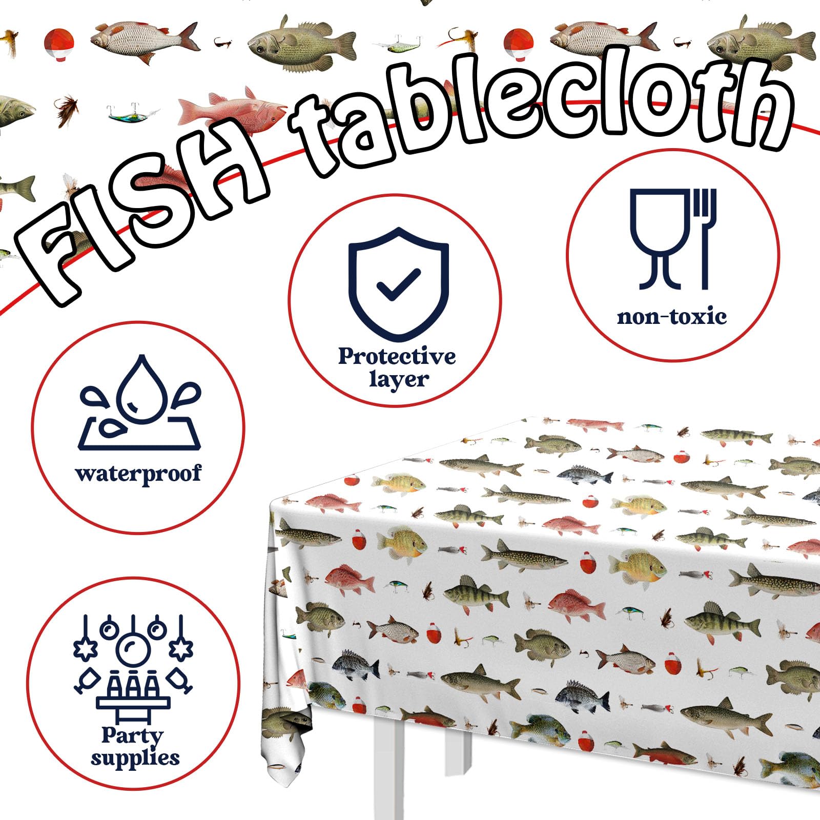 Juweked 3 Pieces Fishing Table Cloth,Under The Sea Party Decorations Waterproof Plastic Gone Fishing Theme Table Cover for Little Fisherman Decorations,Fishing Party Supplies - 70.8×42.5inch