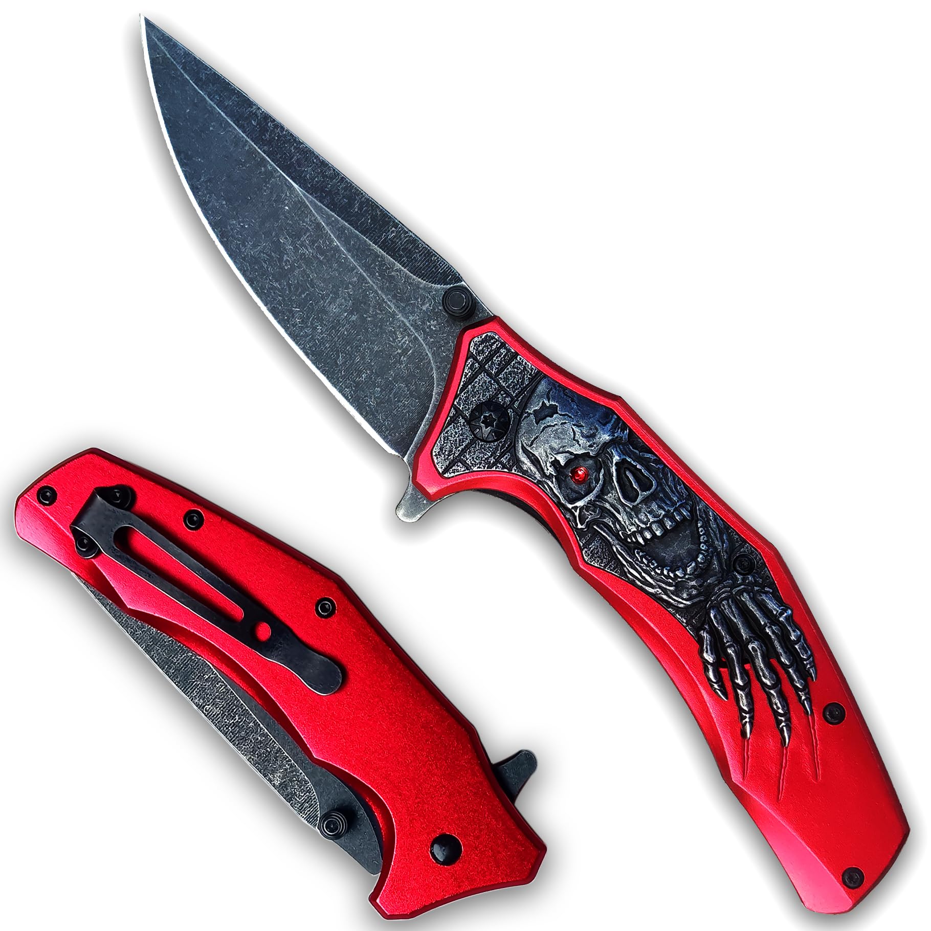 MADSMAUG Pocket Knife, Cool Pocket Folding Knife with 3D Embossed SKULL patterns, Great festival Halloween Christmas Gift EDC knife For Men Outdoor Survival Camping (Red)