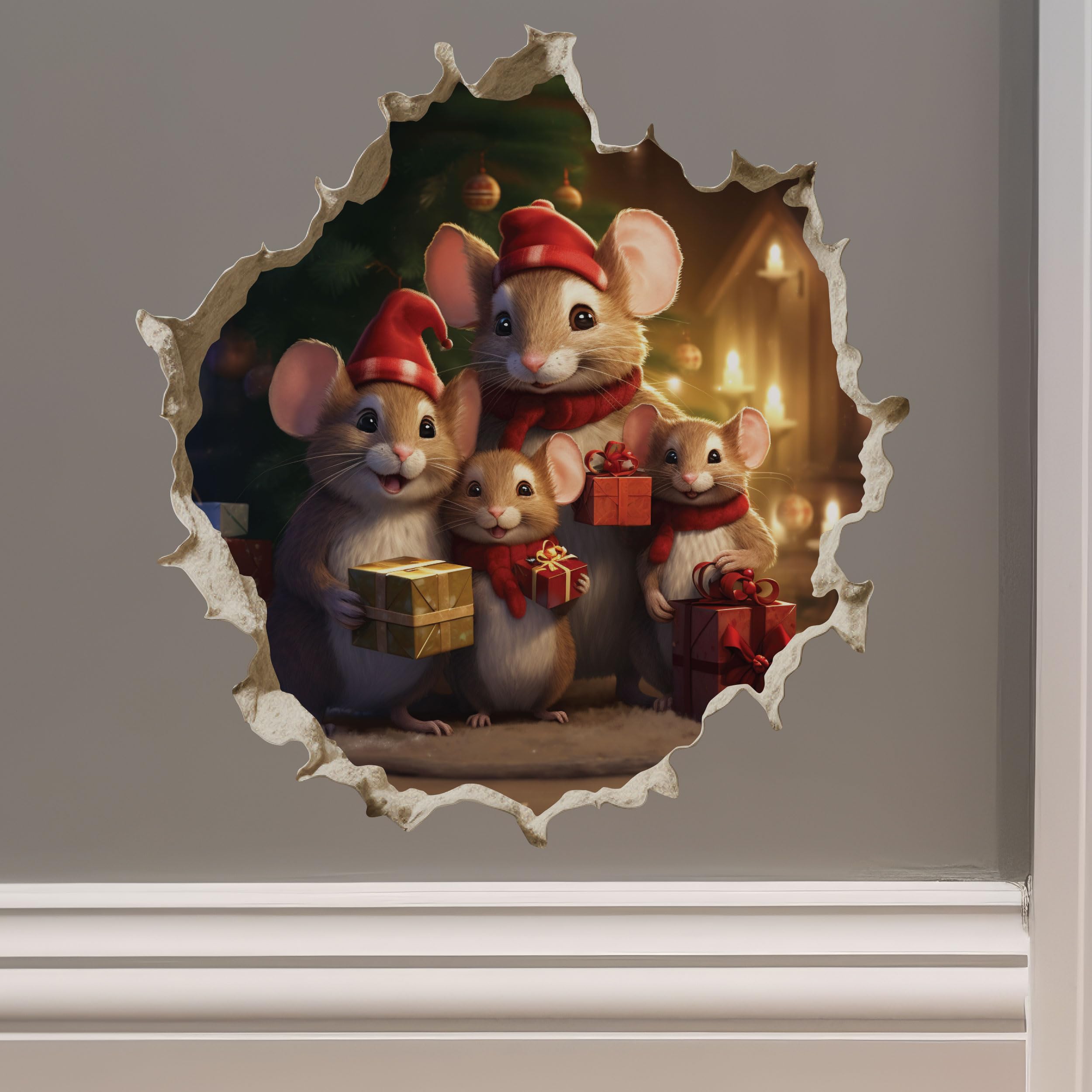 Christmas Family Mouse Hole Decal - Holidy Mice Sticker with 3D Effect