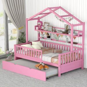 bellemave wooden twin size house bed with trundle,kids twin playhouse platform bed frame with storage shelves,montessori be for kids teens girls & boys (pink)