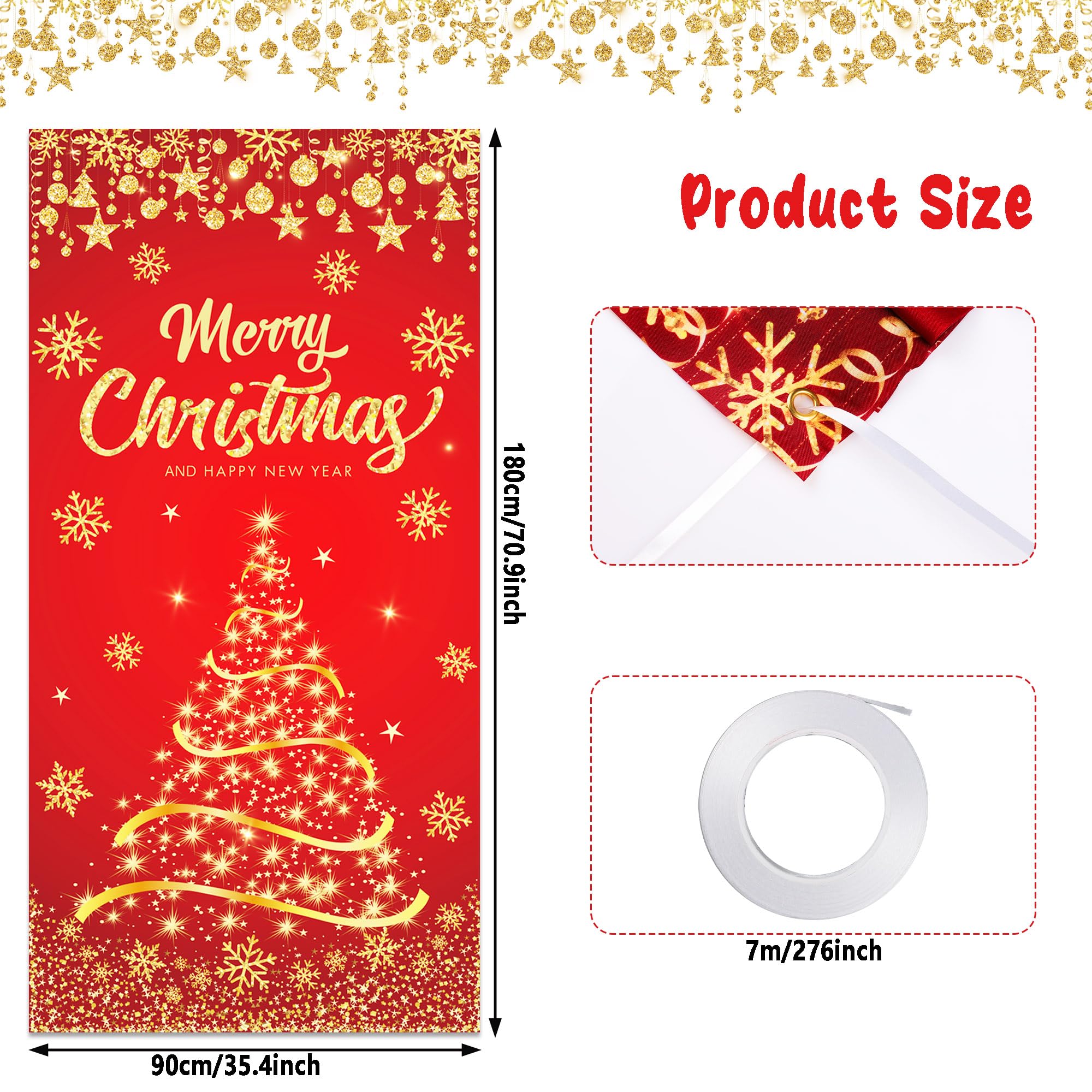 Christmas Door Cover Golden Christmas Tree Door Cover Banner Merry Christmas Glitter Snowflake Door Cover Photography Background for Winter Xmas New Year Holiday Party Decor