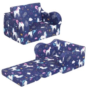 momcaywex rainbow unicorn kids sofa, 2-in-1 kids couch fold out, convertible sofa to bed for girls and boys