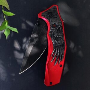 MADSMAUG Pocket Knife, Cool Pocket Folding Knife with 3D Embossed SKULL patterns, Great festival Halloween Christmas Gift EDC knife For Men Outdoor Survival Camping (Red)