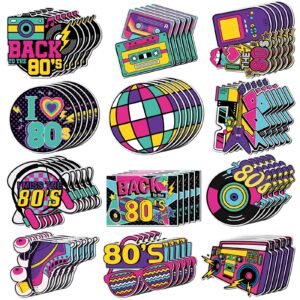 seajan 60 pcs back to the 80s party decoration cutouts accents retro 1980s hip hop cutouts radio roller skating cassette tape cutouts throwback birthday party neon party rock hippie party supplies