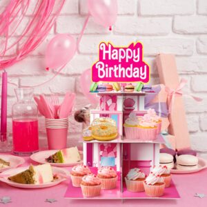 DSjuedui Pink Cupcake Stand 3-Tiered Cardboard Cake Stand Dessert Table Displays Pink Princess Assemble Cupcake Tower Holder Cupcake Tier for Floral Tea Happy Birthday Party Decor Favors Baby Shower