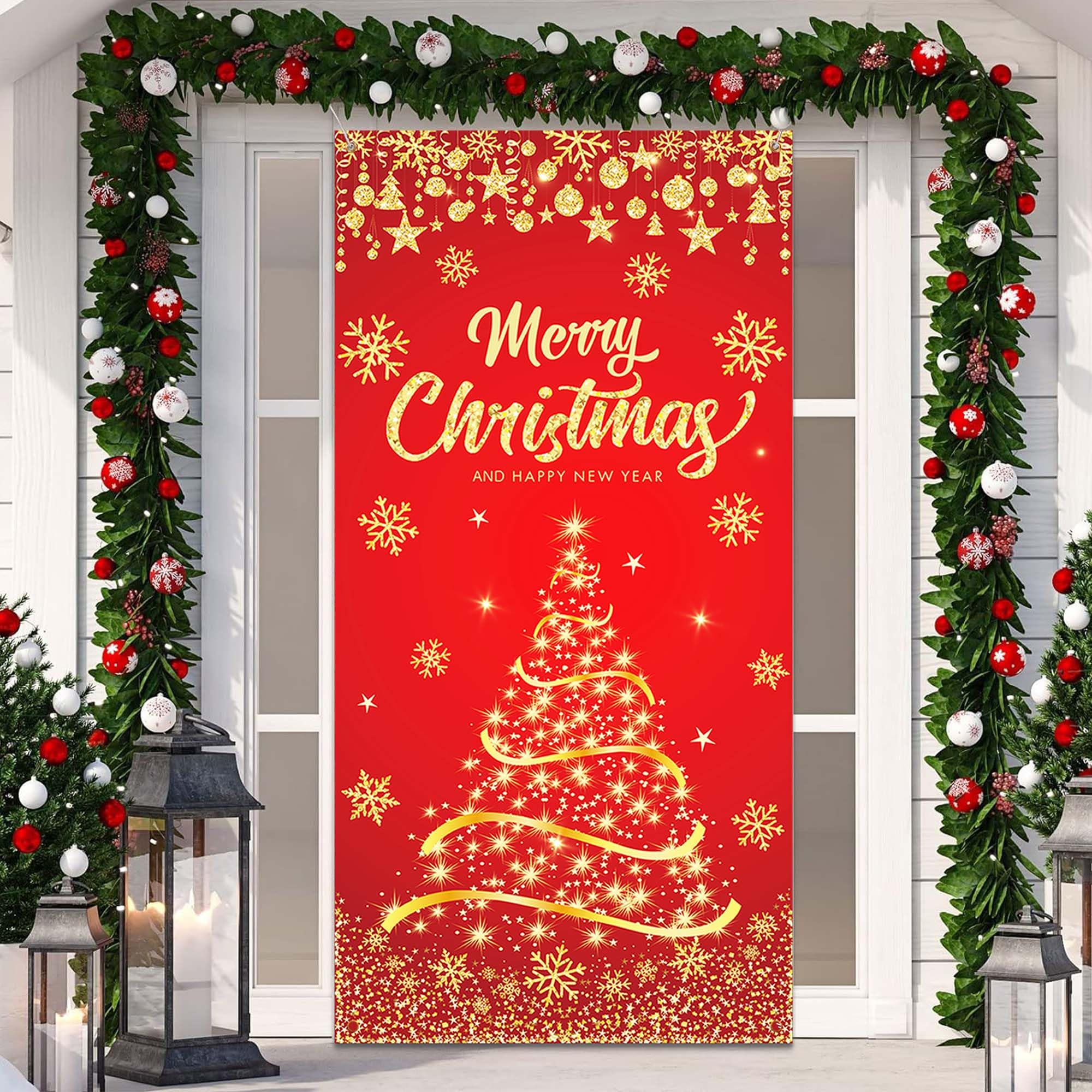 Christmas Door Cover Golden Christmas Tree Door Cover Banner Merry Christmas Glitter Snowflake Door Cover Photography Background for Winter Xmas New Year Holiday Party Decor