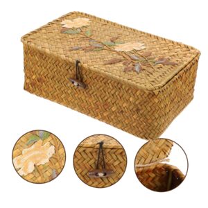 Straw Embroidery Box Rattan Storage Basket Seagrass Storage Basket Bins Wicker Storage Baskets with Lids Laundry Baskets with Lid Desktop Toy Case Container Iron With Cover