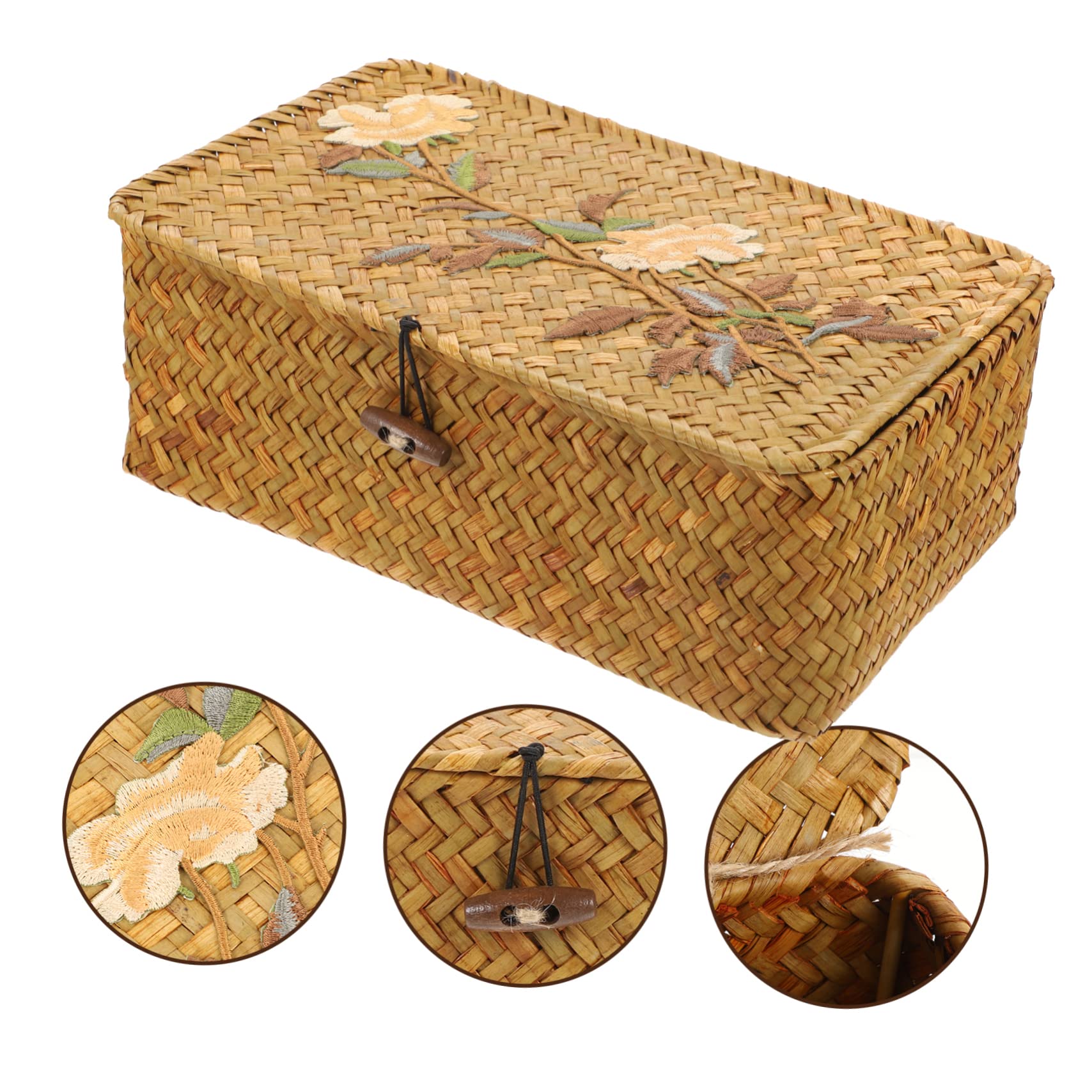 Straw Embroidery Box Rattan Storage Basket Seagrass Storage Basket Bins Wicker Storage Baskets with Lids Laundry Baskets with Lid Desktop Toy Case Container Iron With Cover