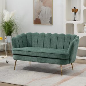 anwicknomo 59" modern chenille loveseat small sofa with flower shaped back, 2-seater club couch with gold metal legs for small space/office/studio/living room/apartment/bedroom (green+new)