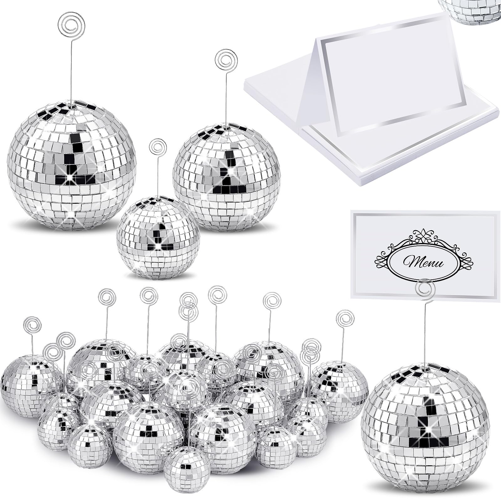 Maitys 60 Pcs Disco Ball Table Number Holder with Swirl Wire and Place Cards Party Favor Table Decoration Place Card Stand Silver Table Number Stand Name Card Photo Picture Holder Wedding Birthday