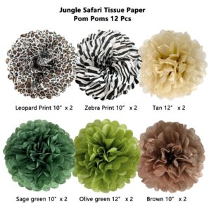 ANSOMO Jungle Safari Tissue Paper Pom Poms Wild Animal Leopard Zebra Print Cheetah Party Decorations Sage Green Brown Flowers Wall Hanging Décor Table Centerpieces Supplies Birthday Bridal Baby Shower