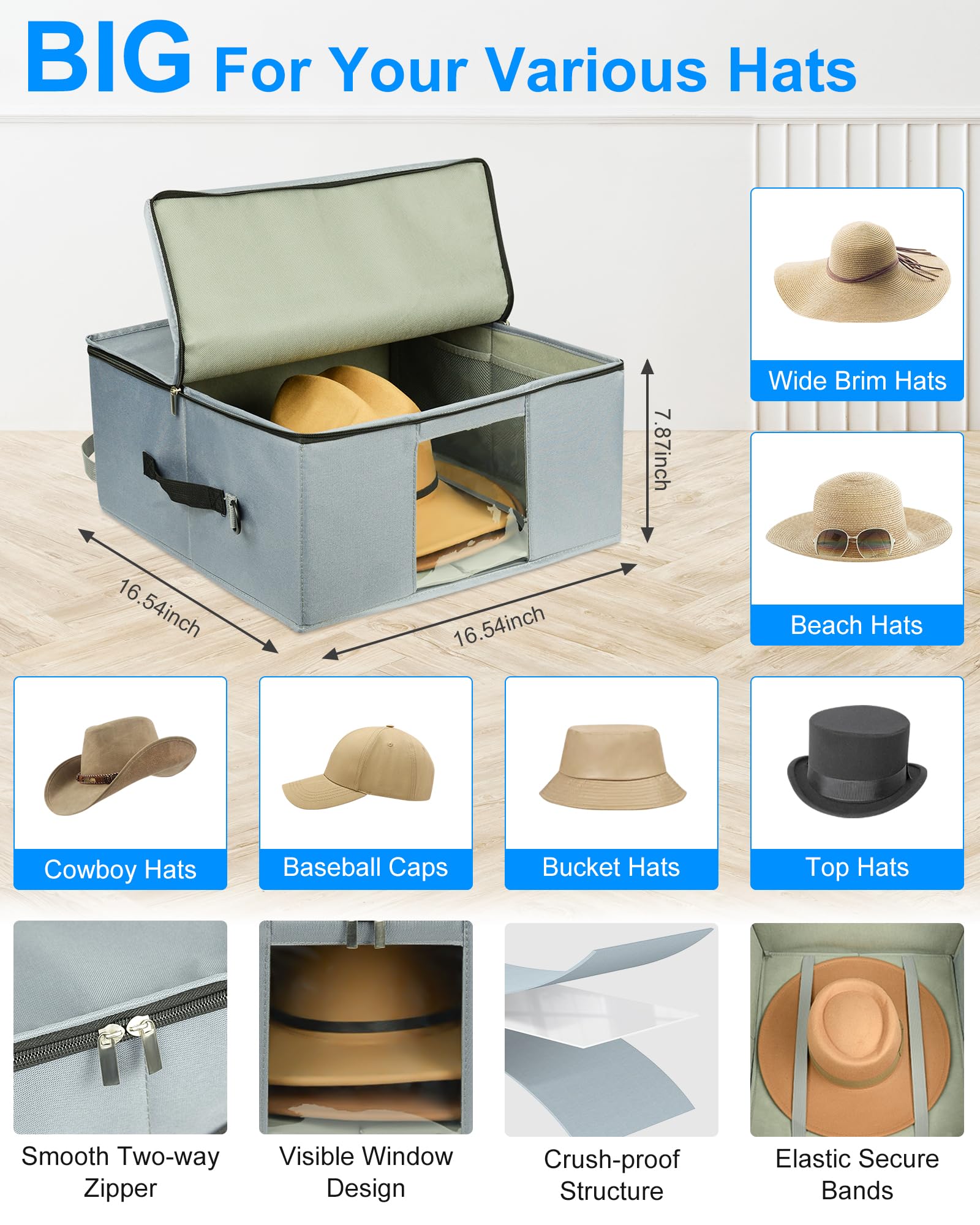 Allgawise Hat Storage Box - Upgrade Stackable Hat Organizer Bag Container for Closet, Foldable Hat Travel Box for Women, Cowboy Hat Box for Men