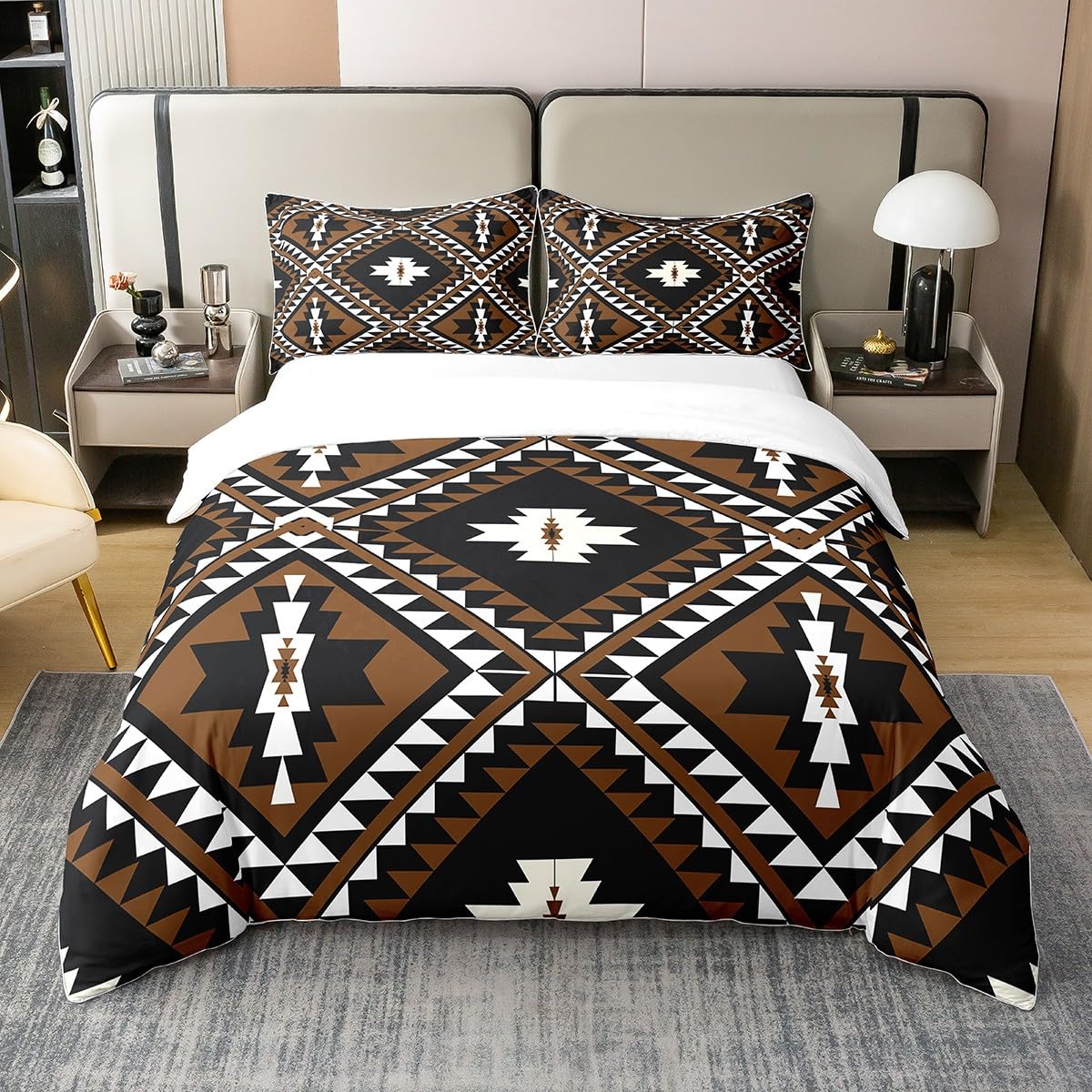 100% Cotton Rustic Western Queen Bedding Set for Men,Southwestern Aztec Comforter Cover Bohemian Duvet Cover Ethnic Mexican Style Geometric Diamond Quilt Cover Brown Black White Farmhouse Room Decor