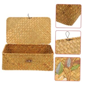 Straw Embroidery Box Rattan Storage Basket Seagrass Storage Basket Bins Wicker Storage Baskets with Lids Laundry Baskets with Lid Desktop Toy Case Container Iron With Cover