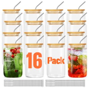 askiz [16pcs set] glass cups with bamboo lids and straws,16oz glass water bottles glass jars cups drinking glasses, beer glasses ice coffee glasses for juicing coffee soda tea