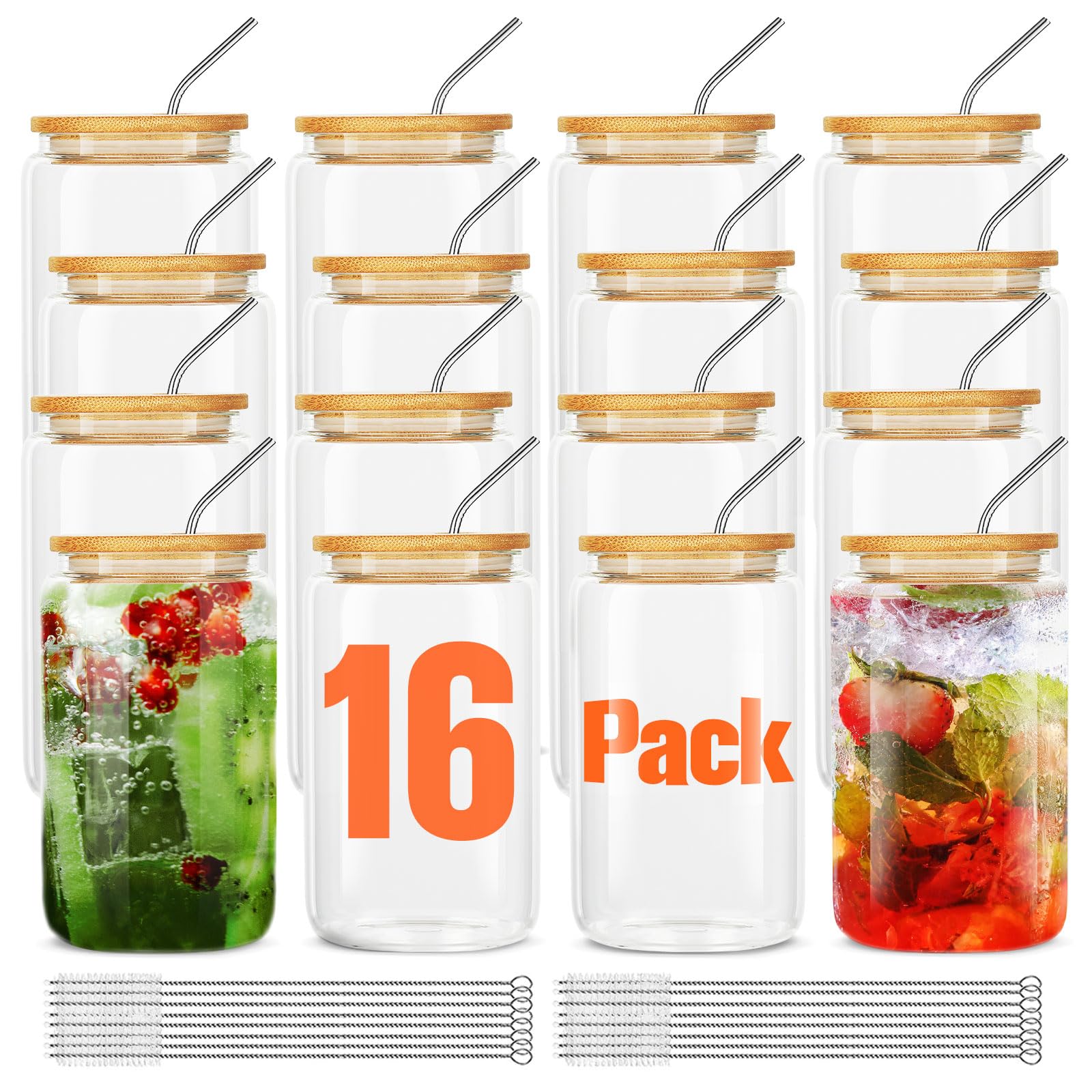 ASKIZ [16Pcs Set] Glass Cups With Bamboo Lids And Straws,16Oz Glass Water Bottles Glass Jars Cups Drinking Glasses, Beer Glasses Ice Coffee Glasses For Juicing Coffee Soda Tea