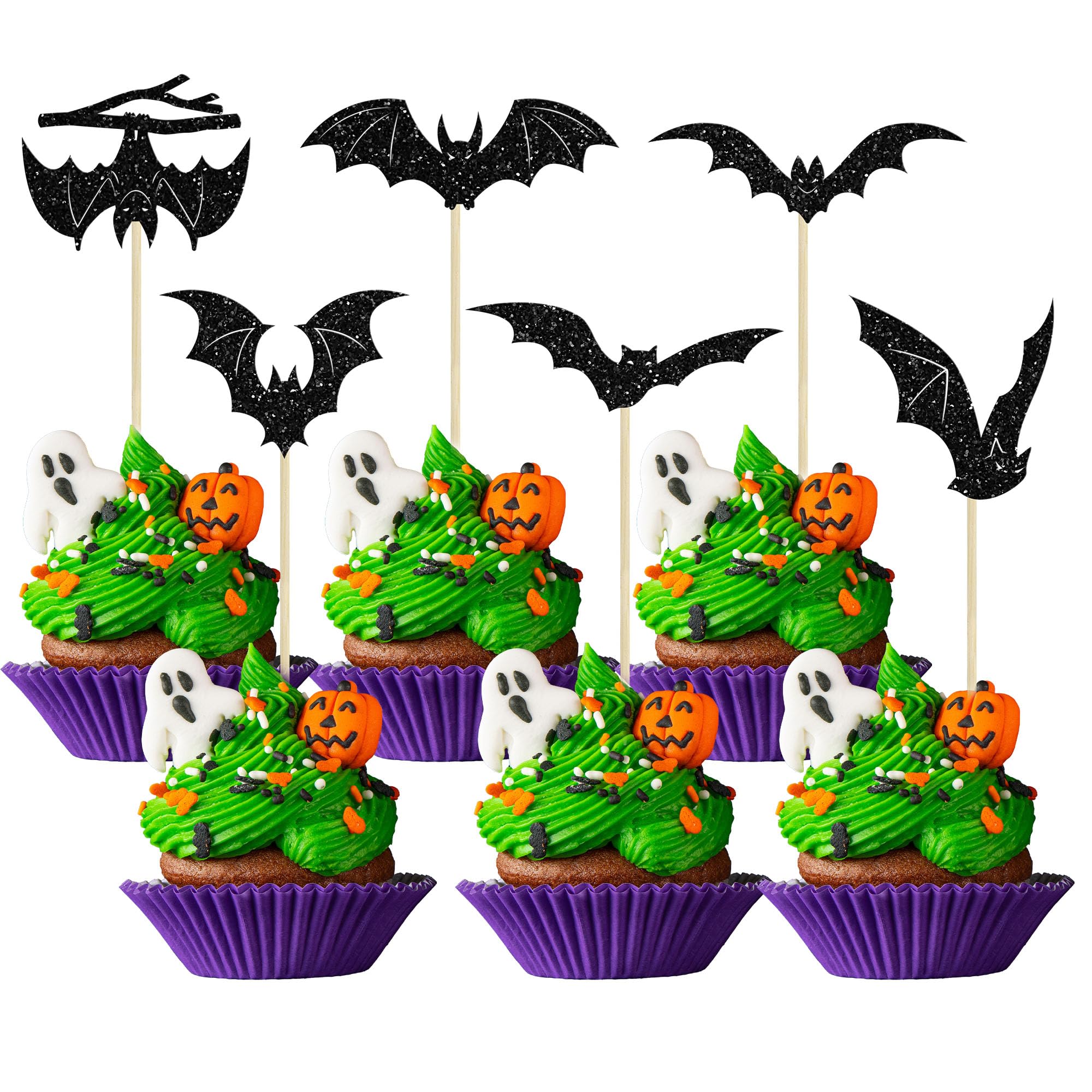 Gyufise 24Pcs Halloween Bat Cupcake Toppers Black Glitter Bat Halloween Cupcake Picks for Halloween Theme Baby Shower Kids Birthday Party Cake Decorations Supplies