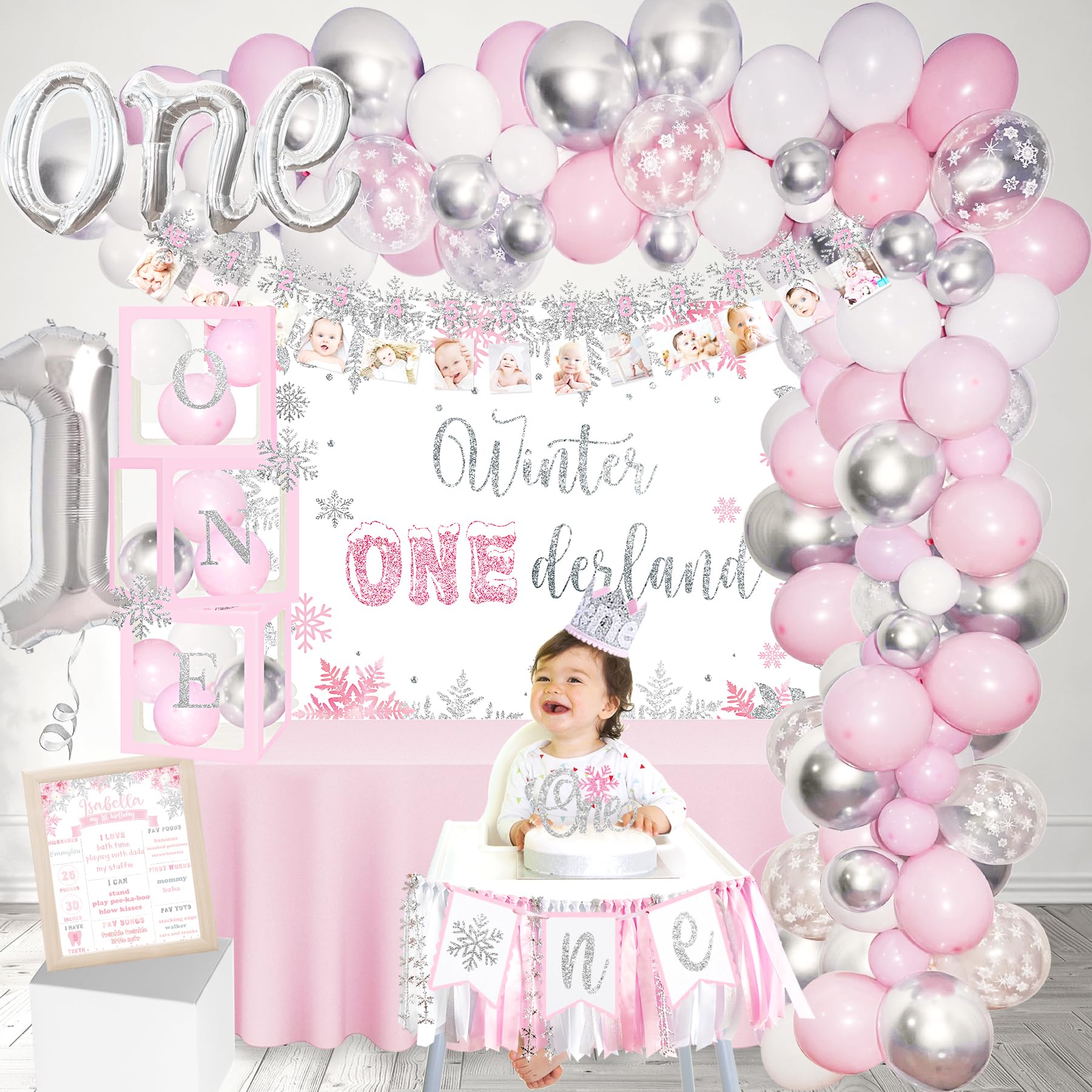 Winter Onederland Birthday Decorations, Winter Onederland 1st Birthday Decorations for Girl, Winter Onederland First Birthday Decor, Snowflake Photo Banner Highchair Banner Balloon Garland Balloon Box