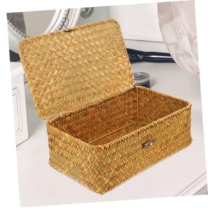 Straw Embroidery Box Rattan Storage Basket Seagrass Storage Basket Bins Wicker Storage Baskets with Lids Laundry Baskets with Lid Desktop Toy Case Container Iron With Cover