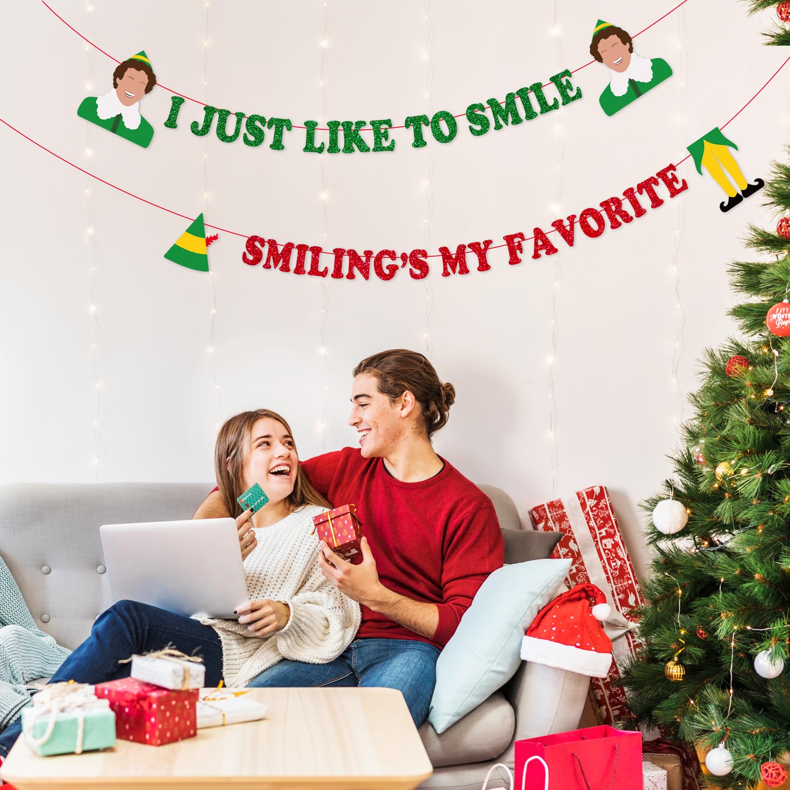 Funny Elf Christmas Decorations, Novelty Buddy The Elf Party Banner Decor Supplies, Holiday Hanging Sign for Fireplace Mantle Wall Decor, Christmas Party Photo Booth Backdrop - I Just Like to Smile