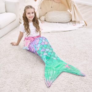 WERNNSAI Mermaid Tail Blanket for Girls Kids - Mermaid Wearable Blankets with Sequin Coin Purse All Seasons Mermaid Tails Sleeping Bags Soft Flannel Snuggle Blanket Birthday Gift Set (Pink & Green)