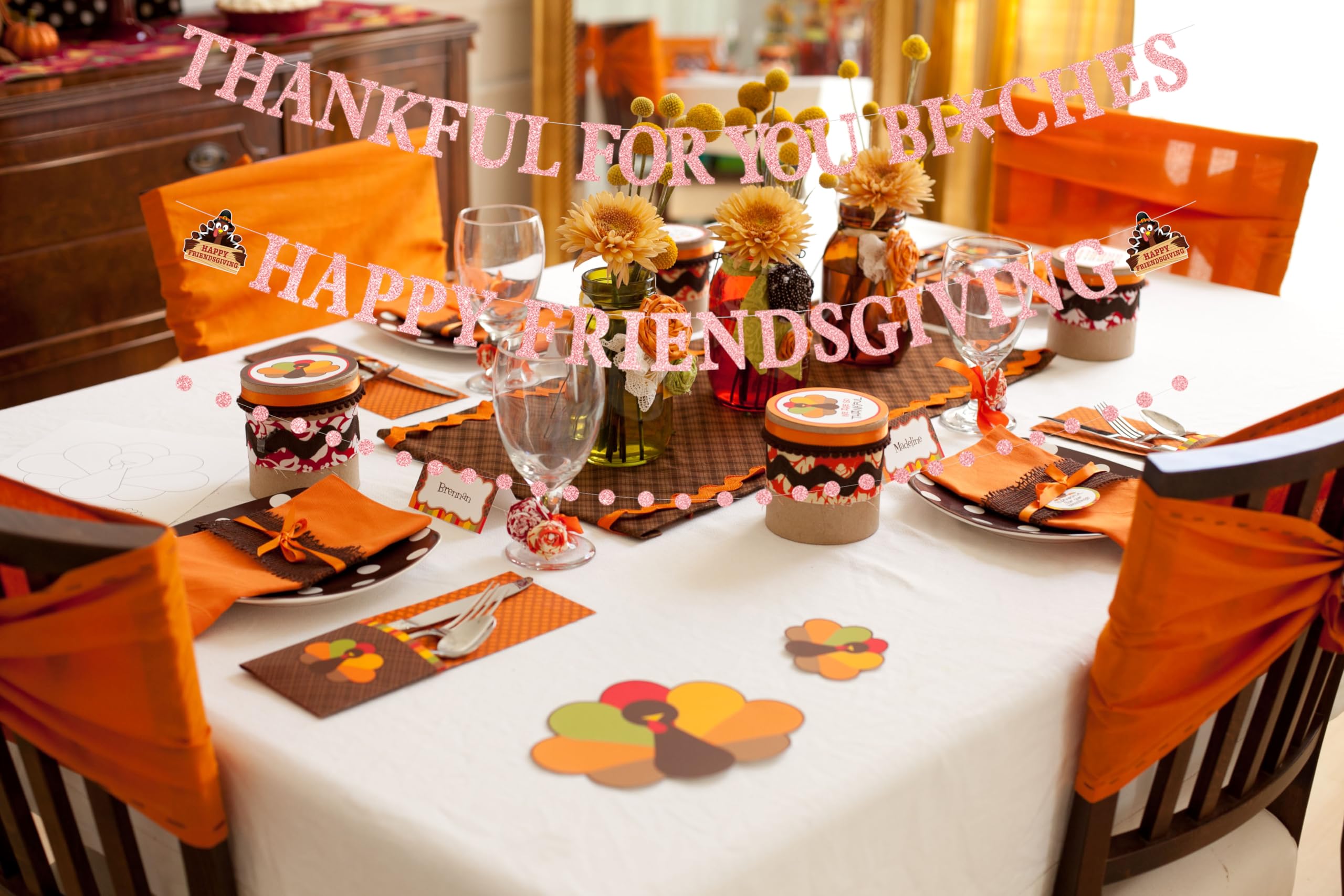 GEJ Happy Friendsgivng Banner,Thankful for You Banner,Girly Friendsgiving Party Decorations, Pink Friendsgiving Decorations,Thanksgiving Decorations Banner for Thanksgiving Friendsgiving Mantel