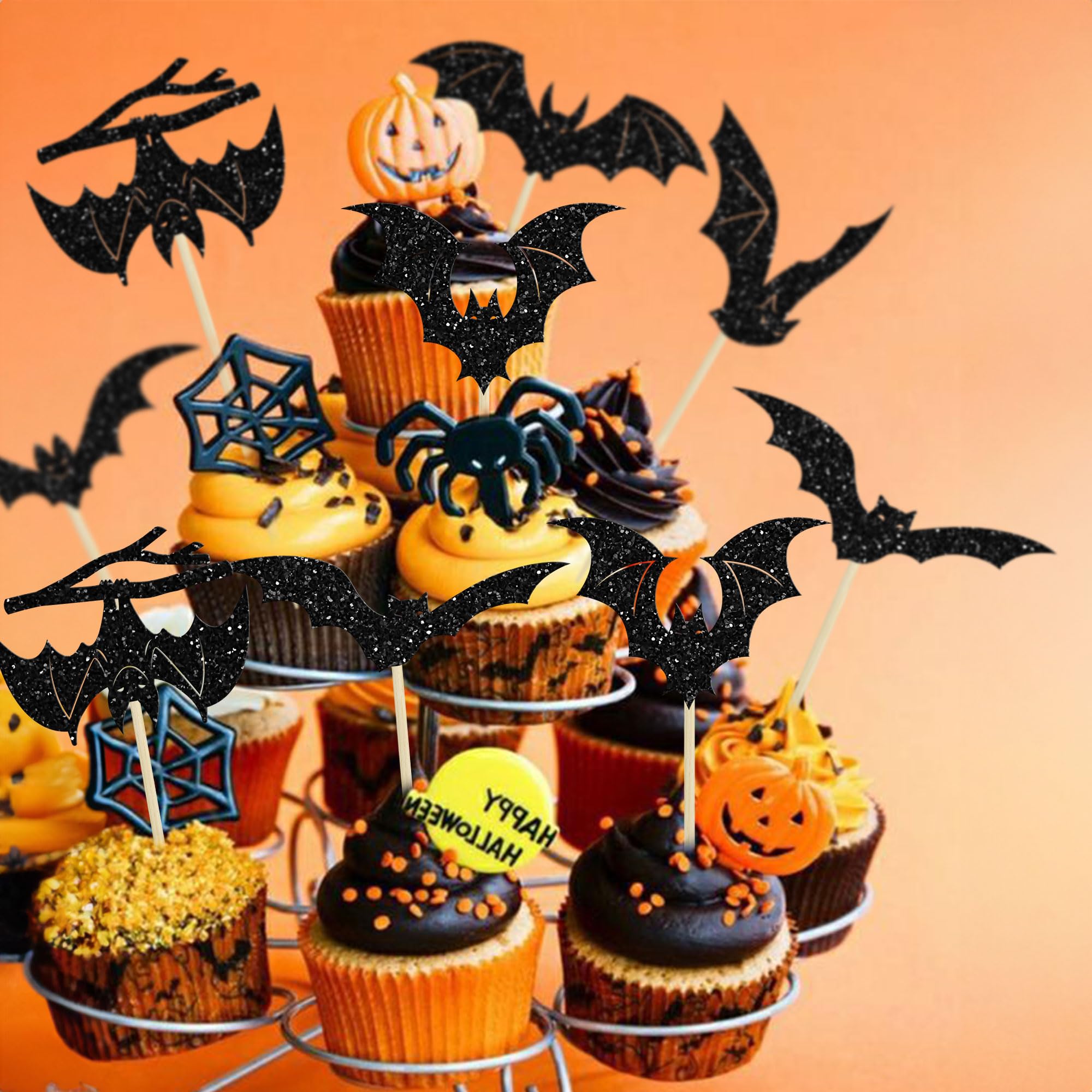 Gyufise 24Pcs Halloween Bat Cupcake Toppers Black Glitter Bat Halloween Cupcake Picks for Halloween Theme Baby Shower Kids Birthday Party Cake Decorations Supplies