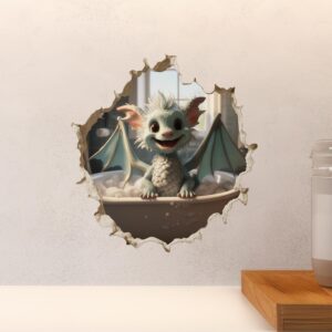 Dragon in Bathtub in Wall Hole Decal - Mouse Hole 3D Wall Sticker