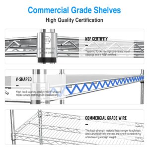 NSF Heavy Duty 6-Tier Metal Wire Shelving Unit - 6000lbs Capacity, Adjustable, with 5in Wheels/Leveling Feet and Shelf Liners - Ideal for Garage, Kitchen, and More - Chrome, 18"D x 60"L x 87.5"H