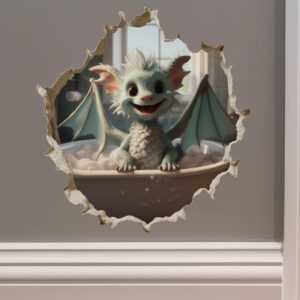 dragon in bathtub in wall hole decal - mouse hole 3d wall sticker