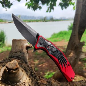 MADSMAUG Pocket Knife, Cool Pocket Folding Knife with 3D Embossed SKULL patterns, Great festival Halloween Christmas Gift EDC knife For Men Outdoor Survival Camping (Red)