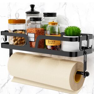 taozun paper towel holder with shelf, kitchen paper holder spice rack black paper towel roll holder rv paper towel rack with 4 hooks(2 installation methods - self-adhesive and drilling)