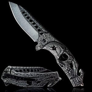 MADSMAUG Pocket Knife, Cool SKULL Pocket Folding Knife with Seatbelt cutter & Window Breaker, Great festival Christmas Gift EDC knife For Men Outdoor Survival Camping (Stone-wash)