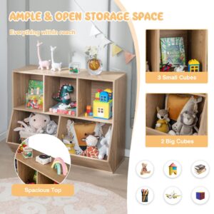 CLEEMAN Kids Bookshelf and Toy Organization,5 Cubby Open Wooden Playroom Organization and Storage, Toddler Bookshelf for Kid’s Room Bedroom Nursery