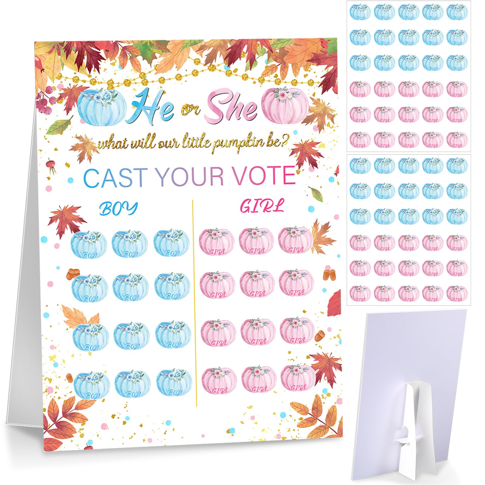 Poen Thanksgiving Gender Reveal Board with Stand What Will Our Little Pumpkin Be Maple Leaf Gender Reveal Game with 60 Pcs Fall Pumpkin Voting Stickers for Cast Your Vote Guess Game Autumn Baby Shower